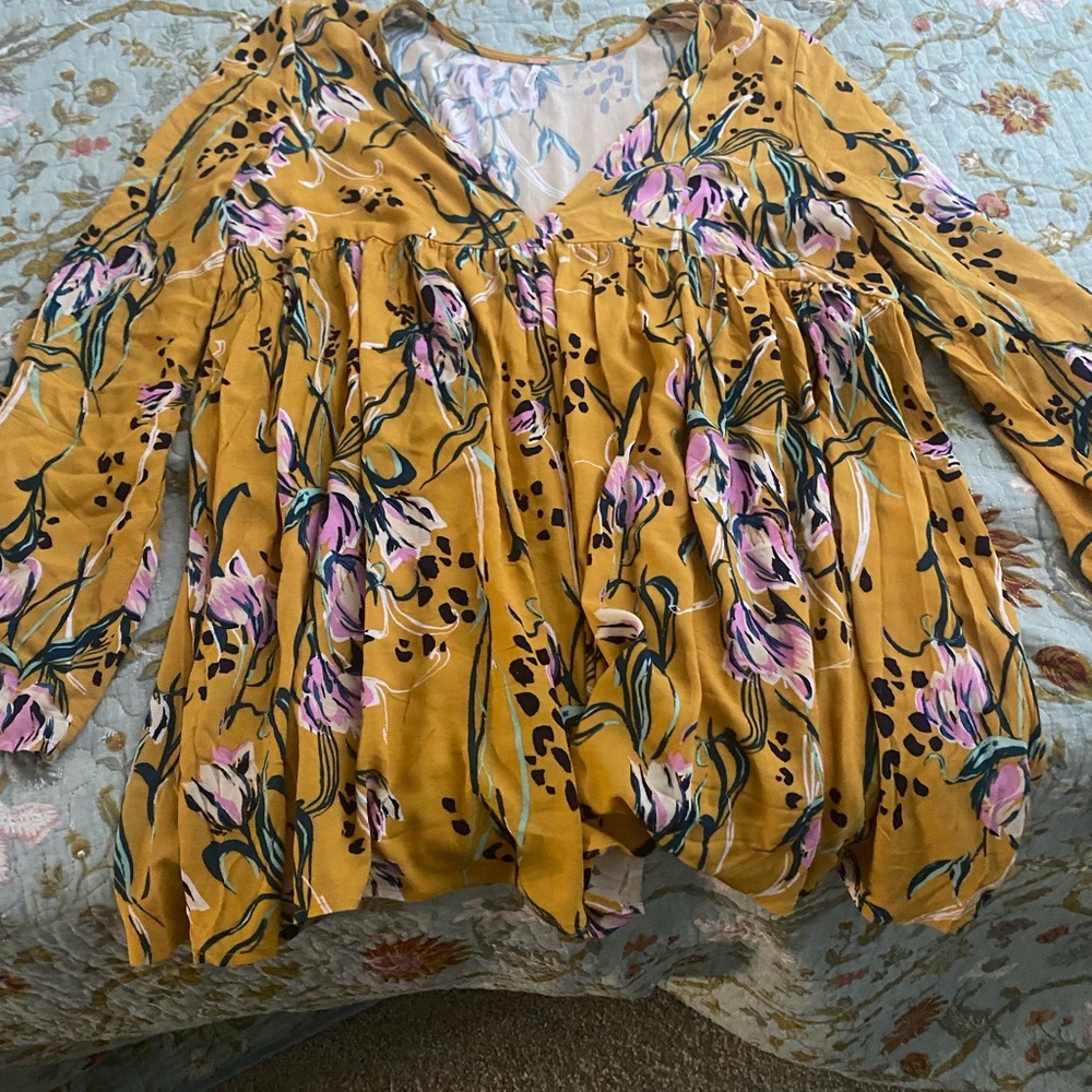 Free People Mustard Yellow Floral Babydoll Top